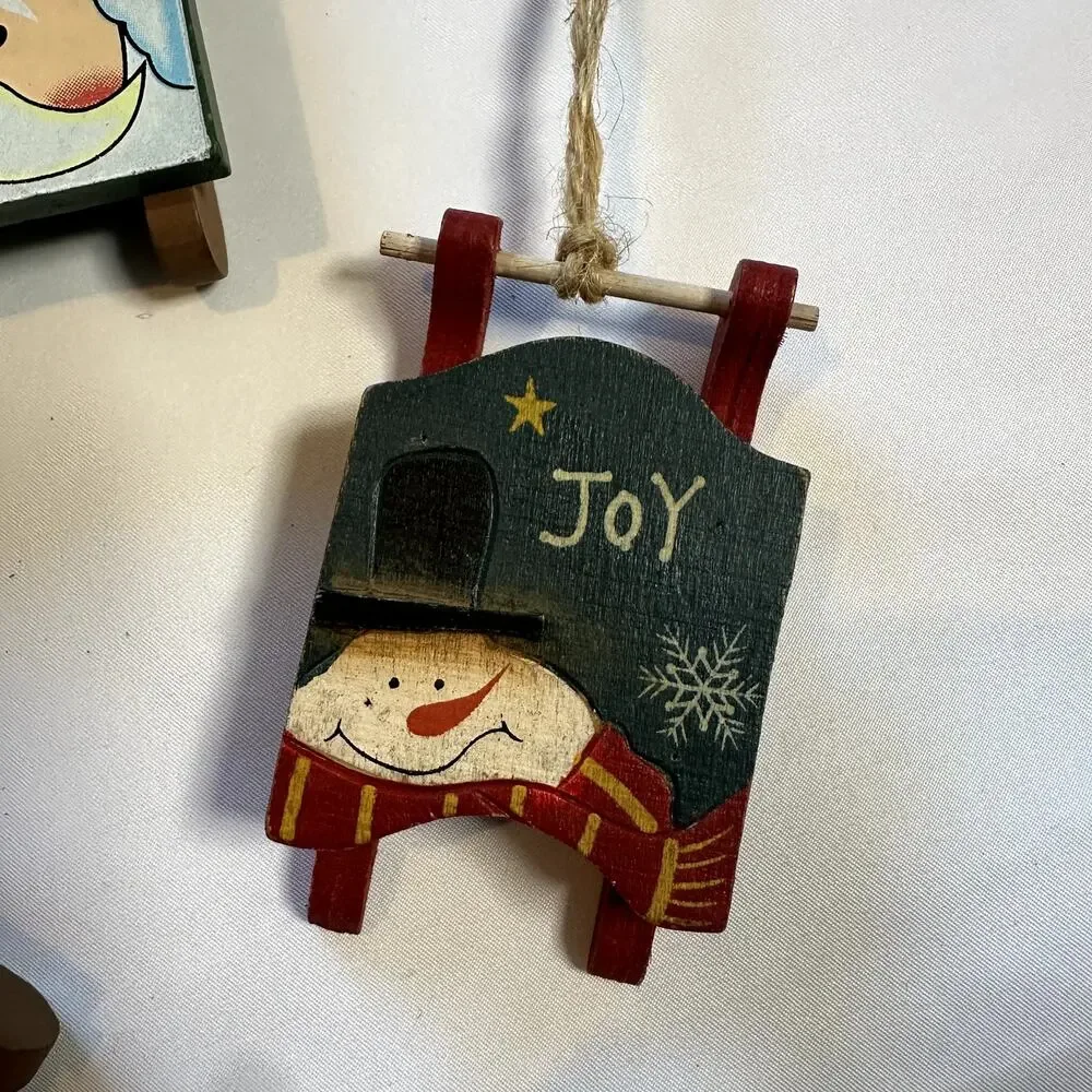 Primitive Farmhouse Christmas Bundle Of 4 Wooden Sled Tree Ornaments